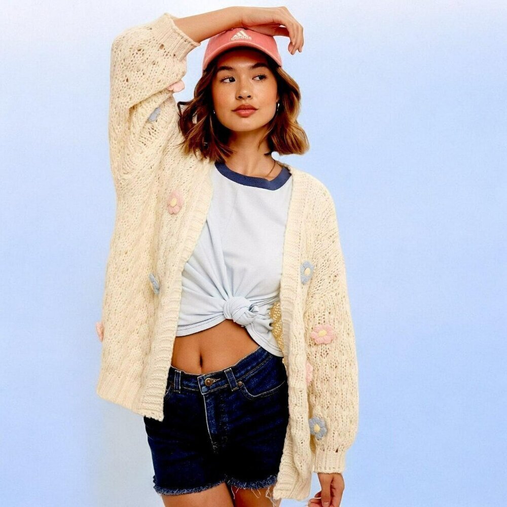 Daydream Light Cream Crochet Floral Flower Sweater Cardigan